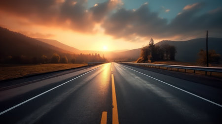 Highway in the Carpathian Mountains at sunset, Ukraine.の素材