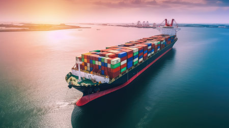 Container Cargo freight ship with working crane bridge for Logistic Import Export backgroundの素材