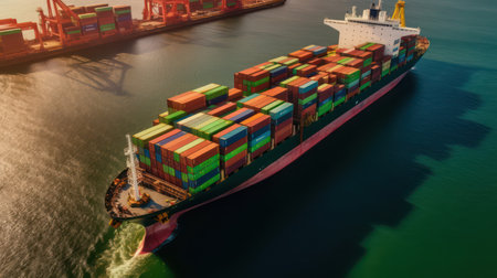 Container Cargo freight ship with working crane bridge for Logistic Import Export backgroundの素材