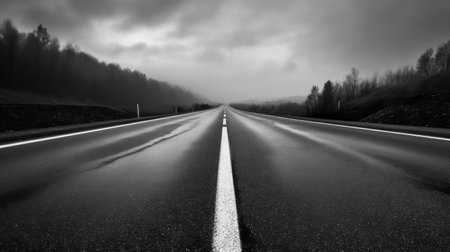 Asphalt road in the mountains in black and white with fog.の素材