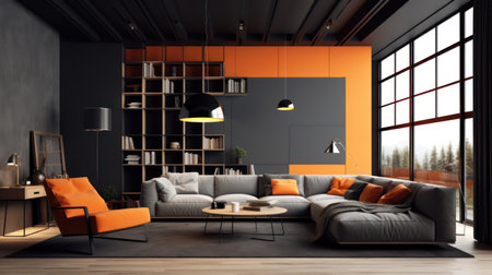 Interior of modern living room with orange and black walls, wooden floor, comfortable gray sofa with orange armchairs and coffee table. 3d renderingの素材