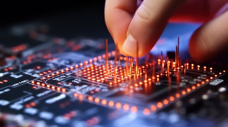 Close-up of human hand touching electronic board with microcircuitsの素材