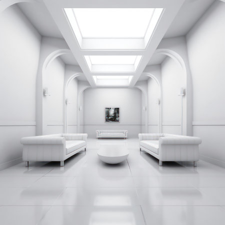 Interior of modern office building with white walls and floor. 3d renderingの素材