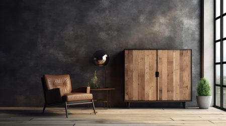 Interior of modern living room with brown armchair and wooden cabinet. 3d renderingの素材