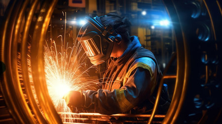 Industrial worker welding metal structure with sparks flying in the air.の素材