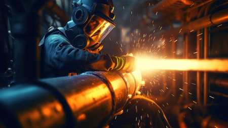 Industrial worker wearing safety helmet and welding mask working in heavy industryの素材