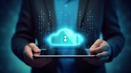 Close up of human hands holding tablet pc with cloud security concept on screenの素材