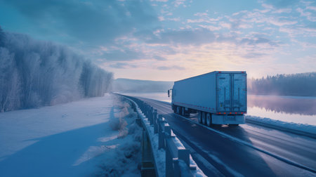 Truck on the road in winter at sunset, panoramic viewの素材