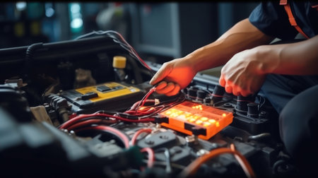 Car mechanic checking a car engine with multimeter. Car service concept.の素材