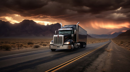Truck on the road with dramatic sky. 3d rendering.の素材