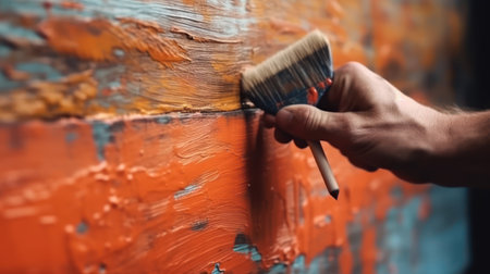 Painter paints the wall with a paintbrush, close-upの素材