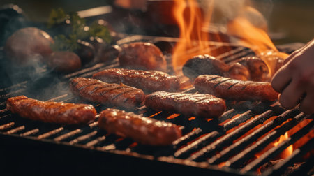 Grilling sausages on barbecue grill with flames, closeupの素材