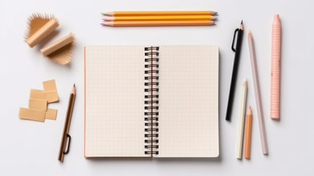 top view of pencils and notepad on white background with copy spaceの素材