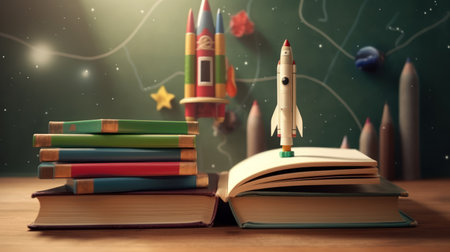 Back to school concept with rocket and books on wooden table. 3D Renderingの素材