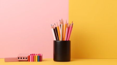 Set of colorful pencils in black vase on yellow and pink backgroundの素材