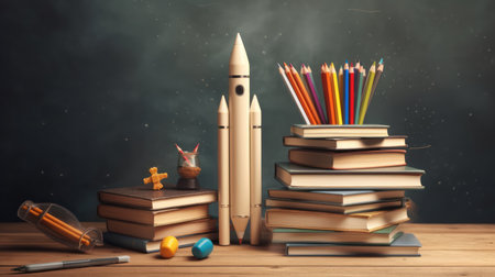 Back to school concept with pencils, books and rocket on wooden tableの素材