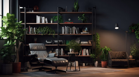 Interior of modern living room with bookshelf 3D renderingの素材