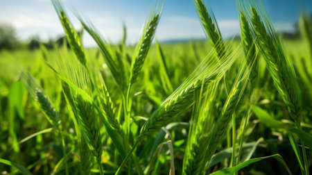 Green wheat field on a sunny day. Shallow depth of field.の素材