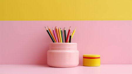 Colorful pencils in a jar on a pink and yellow backgroundの素材
