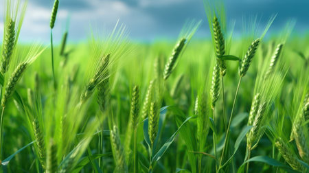 Green wheat field and blue sky with clouds, close-up macro photographyの素材