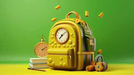 Back to school concept with yellow backpack, alarm clock and books on green backgroundの素材