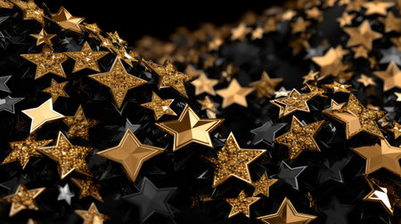 Black and gold stars background. 3d rendering, 3d illustration.の素材