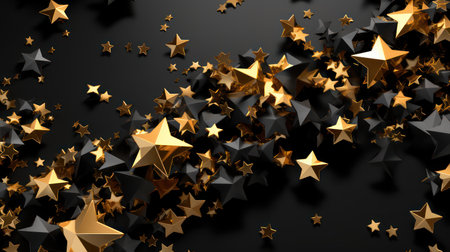3d rendering of golden stars confetti on a black background.の素材