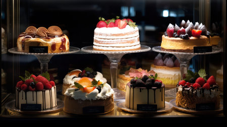 Assortment of cakes in the shop window. Selective focus.の素材