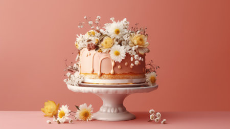 Cake decorated with flowers on a pink background. Copy space.の素材