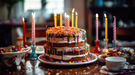 Birthday cake with candles on table in cafe. Shallow depth of fieldの素材
