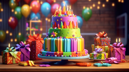 Birthday cake with candles, gifts and balloons. 3d renderingの素材