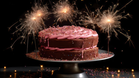 Birthday cake with pink frosting and sparklers on black backgroundの素材