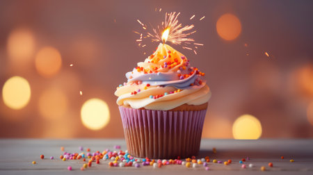Birthday cupcake with burning candle on bokeh lights backgroundの素材