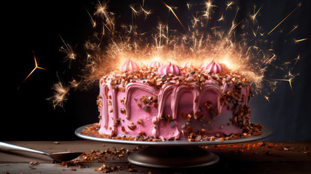 Birthday cake with pink frosting and sparklers on black backgroundの素材
