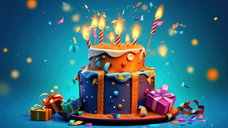 Birthday cake with candles and gifts on blue background. 3d illustrationの素材