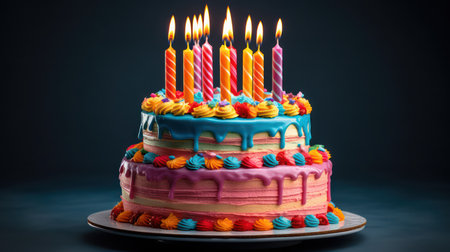 Birthday cake with candles on dark background. Shallow depth of fieldの素材