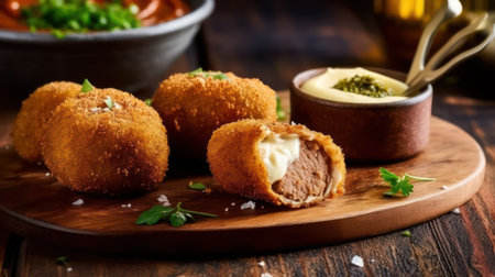 Breaded croquettes stuffed with meat and cheese on wooden backgroundの素材