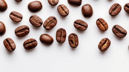 Roasted coffee beans on white background. Top view, flat layの素材