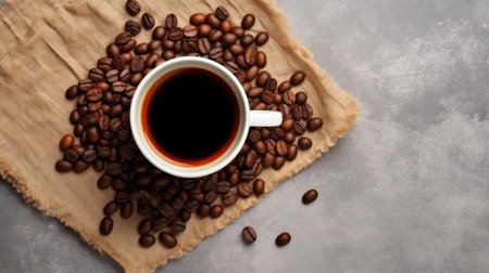 Coffee beans and a cup of coffee on a gray backgroundの素材