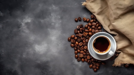 Coffee cup and coffee beans on dark background. Top view with copy spaceの素材