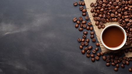 Coffee cup and coffee beans on black background. Top view with copy spaceの素材