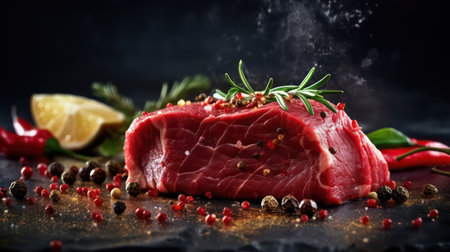 Raw beef steak with spices, herbs and lemon on black background.の素材