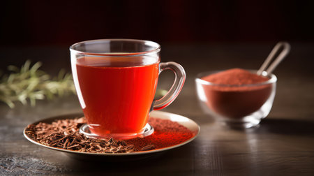 Cup of hot tea with cinnamon and star anise on wooden tableの素材