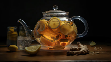 Ginger tea in glass teapot with lemon and ginger on wooden tableの素材