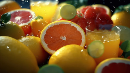 Citrus fruits and juice on black background, close-upの素材