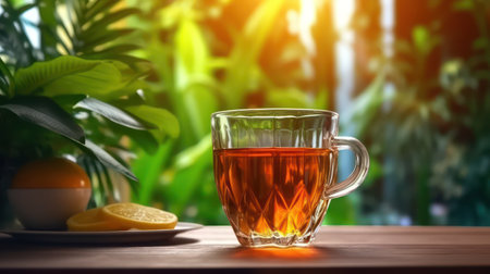 Cup of tea with lemon on a wooden table in the garden.の素材