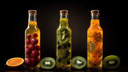 Bottles of fruit juice with kiwi, orange, grapes and oranges on black backgroundの素材
