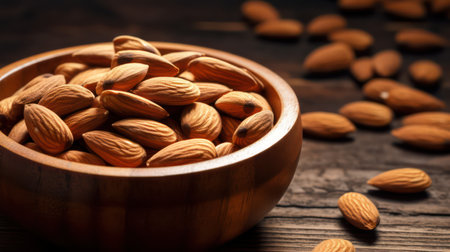 Almond nuts in wooden bowl on rustic wooden background, selective focusの素材