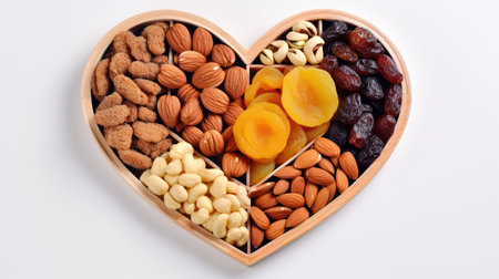 various nuts and dried fruits in heart shaped box on white backgroundの素材