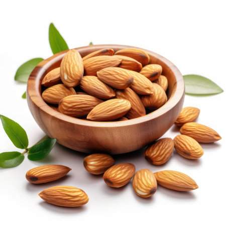 Almond nuts in wooden bowl with green leaves isolated on white backgroundの素材